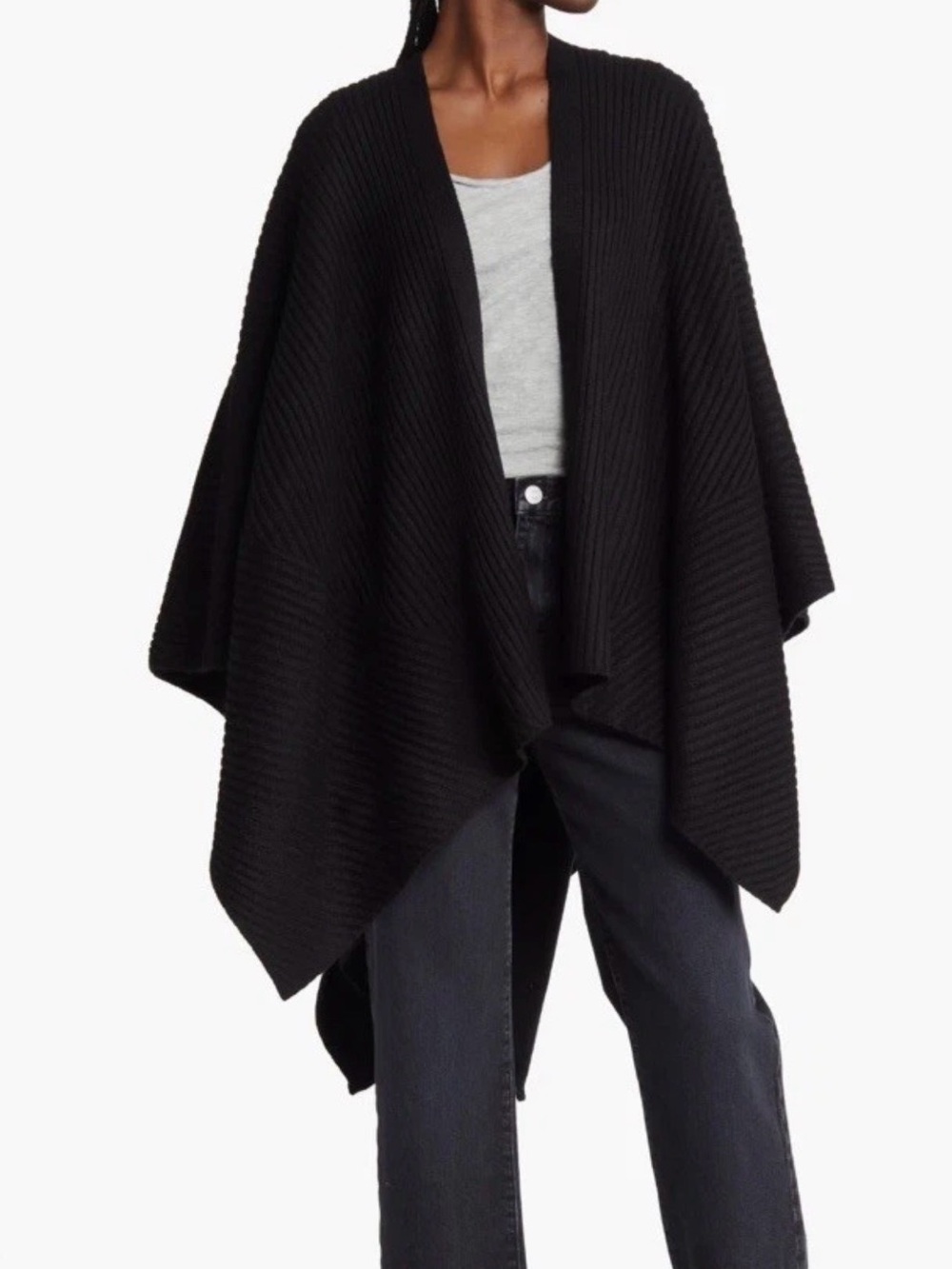 NEW! Time and Tru Black Knit Open Front Ribbed Ruana Shawl Wrap Poncho One Size